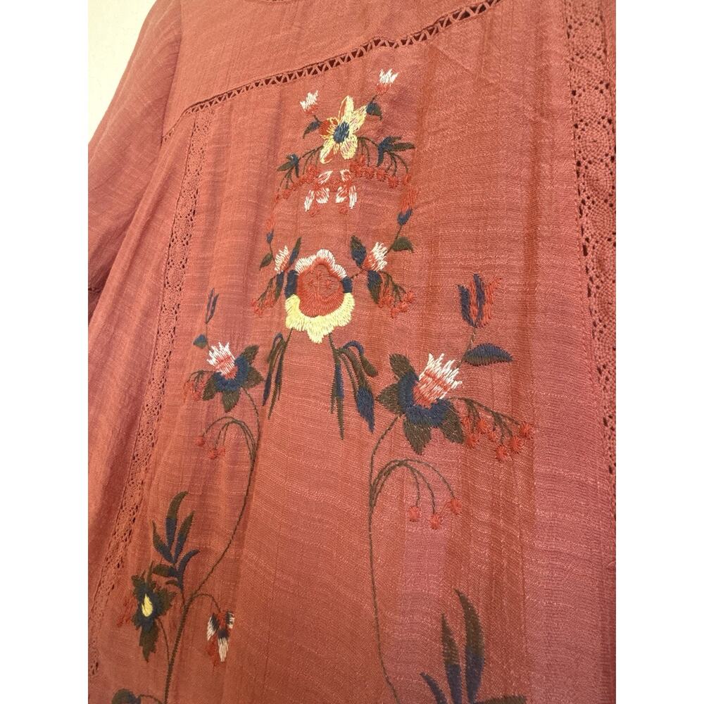 GIGIO USA Women’s S Embroidered Dress Rust Bell Sleeve Boho Floral Cottagecore - Picture 5 of 8